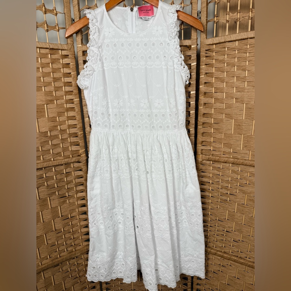 Kate Spade White Eyelet Sleeveless Dress with Ruffle Trim Size Small